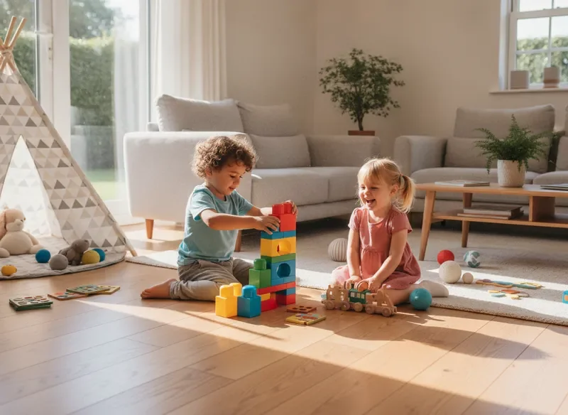 ילדים משחקים יחד עם צעצועים צבעוניים בסלון מואר
