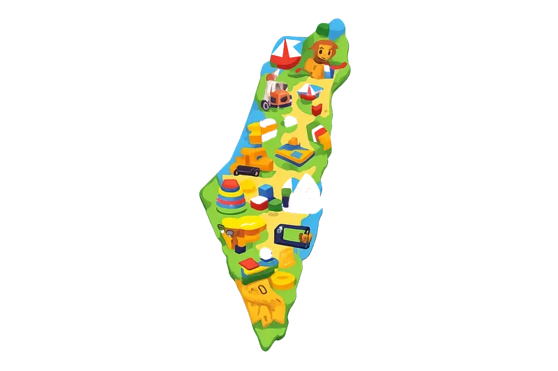 מפת הפצה ארצית של פארק הצעצועים עם איורי צעצועים